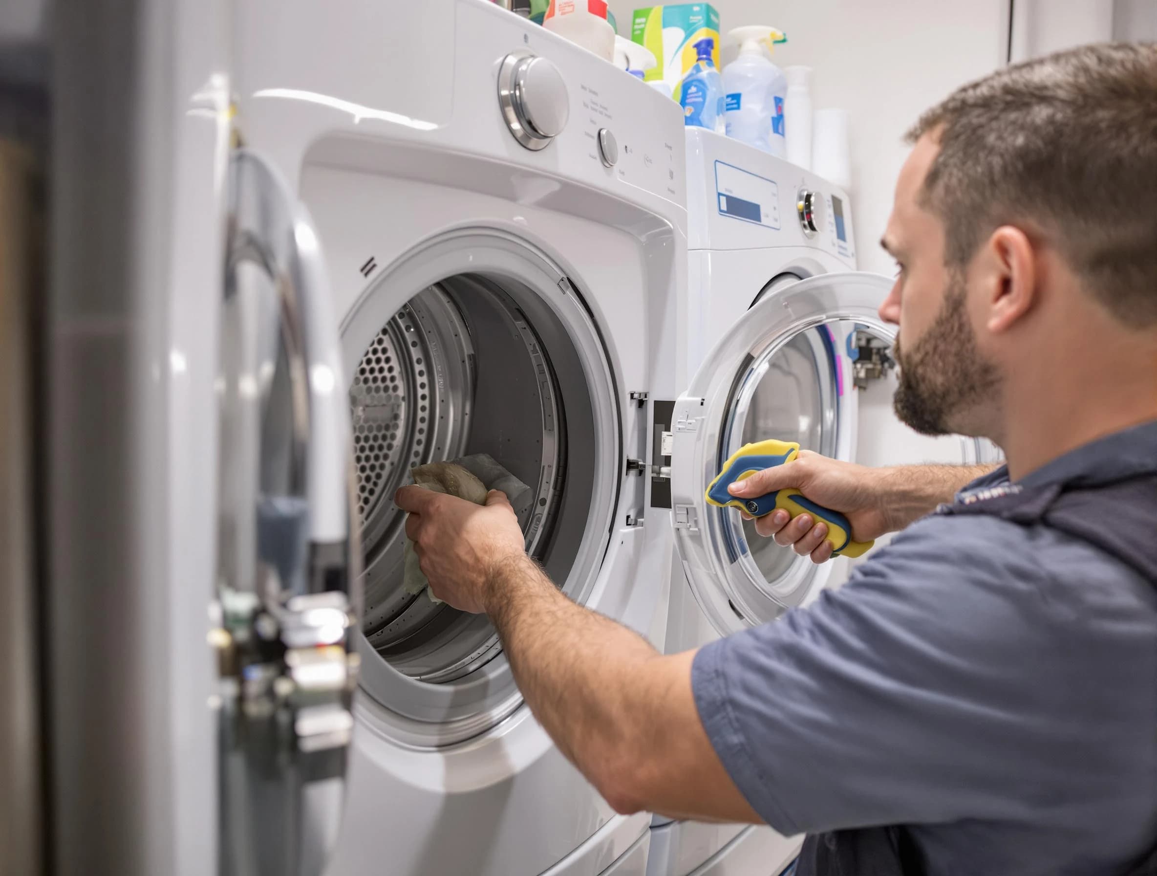 Irvine Dryer Vent Cleaning specialist removing lint buildup from a dryer lint trap system in Irvine