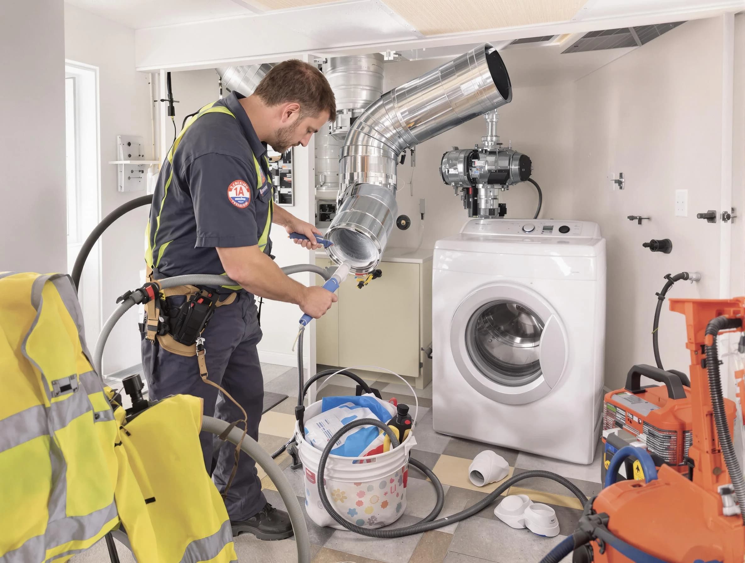 Irvine Dryer Vent Cleaning technician using specialized equipment to clear severe dryer vent blockage in Irvine