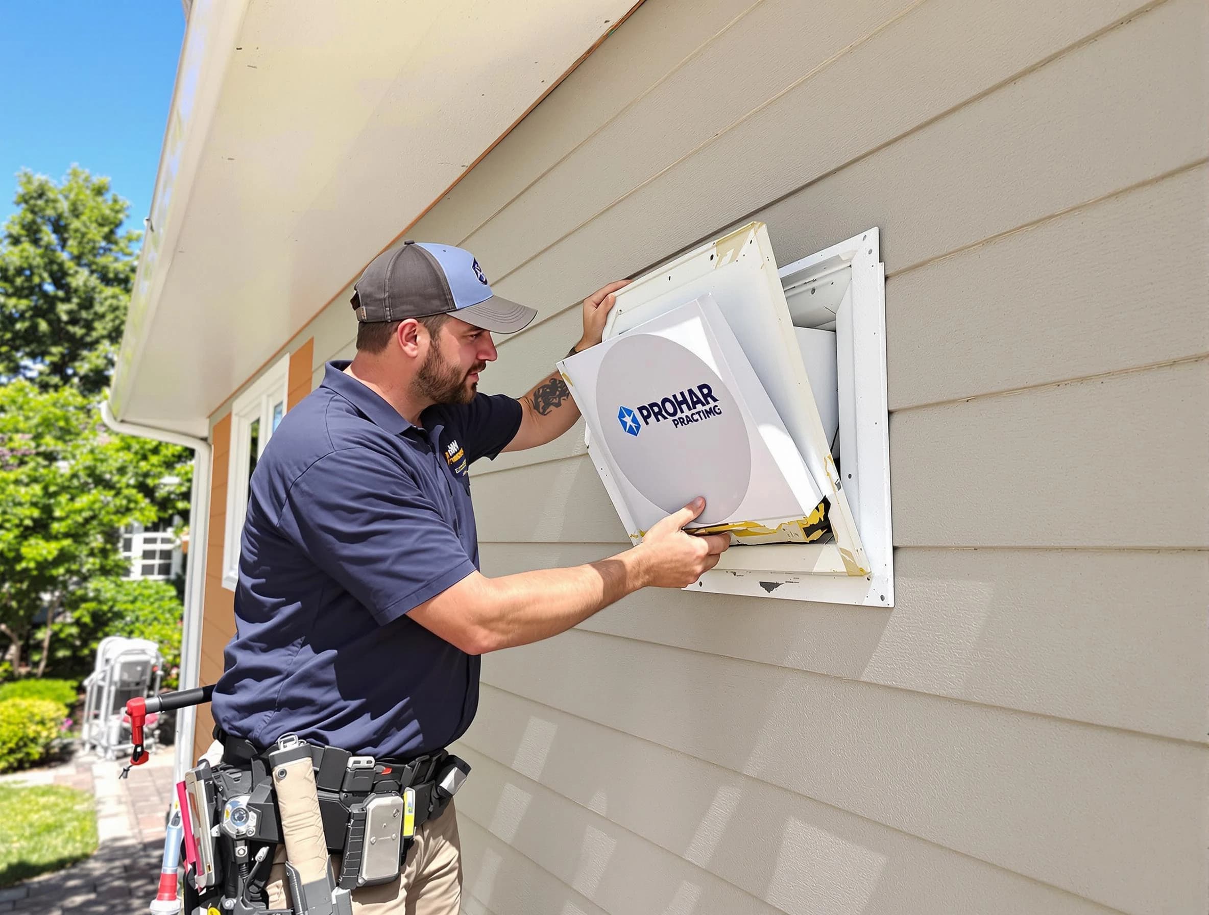 Irvine Dryer Vent Cleaning technician installing a new protective dryer vent cover on a home in Irvine