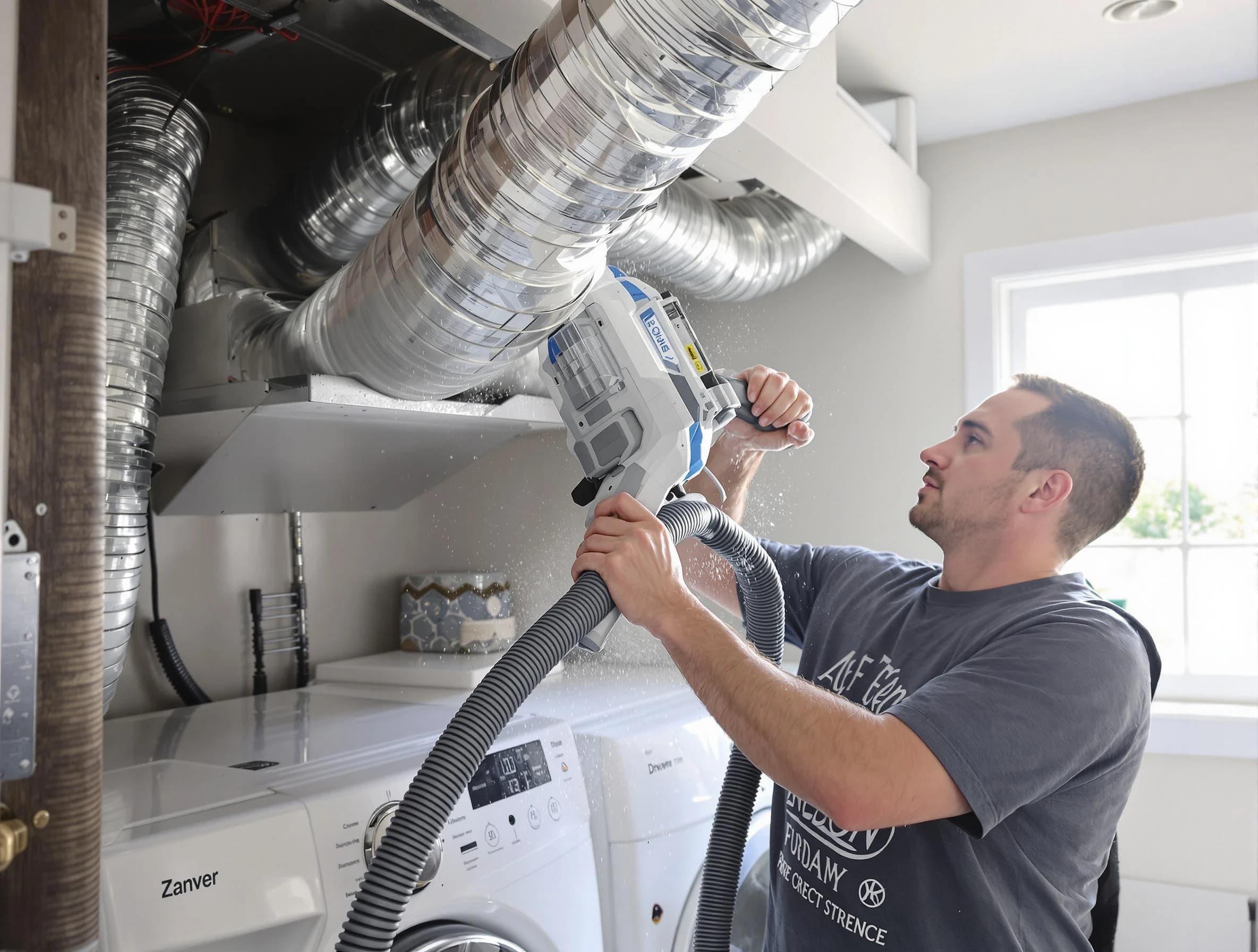 Irvine Dryer Vent Cleaning specialist cleaning deep within a dryer vent duct system in Irvine