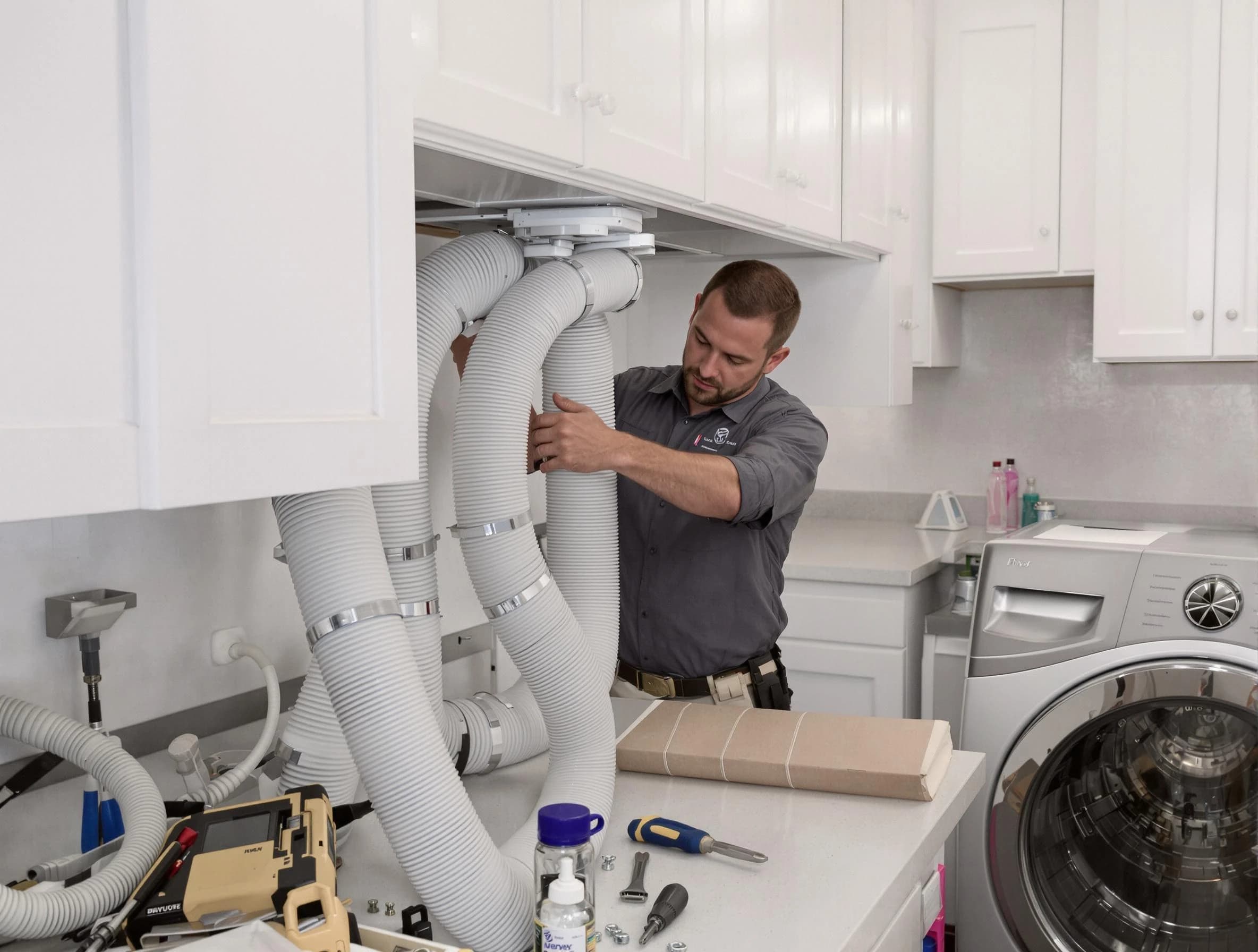 Irvine Dryer Vent Cleaning technician installing a new professional-grade dryer vent hose in Irvine
