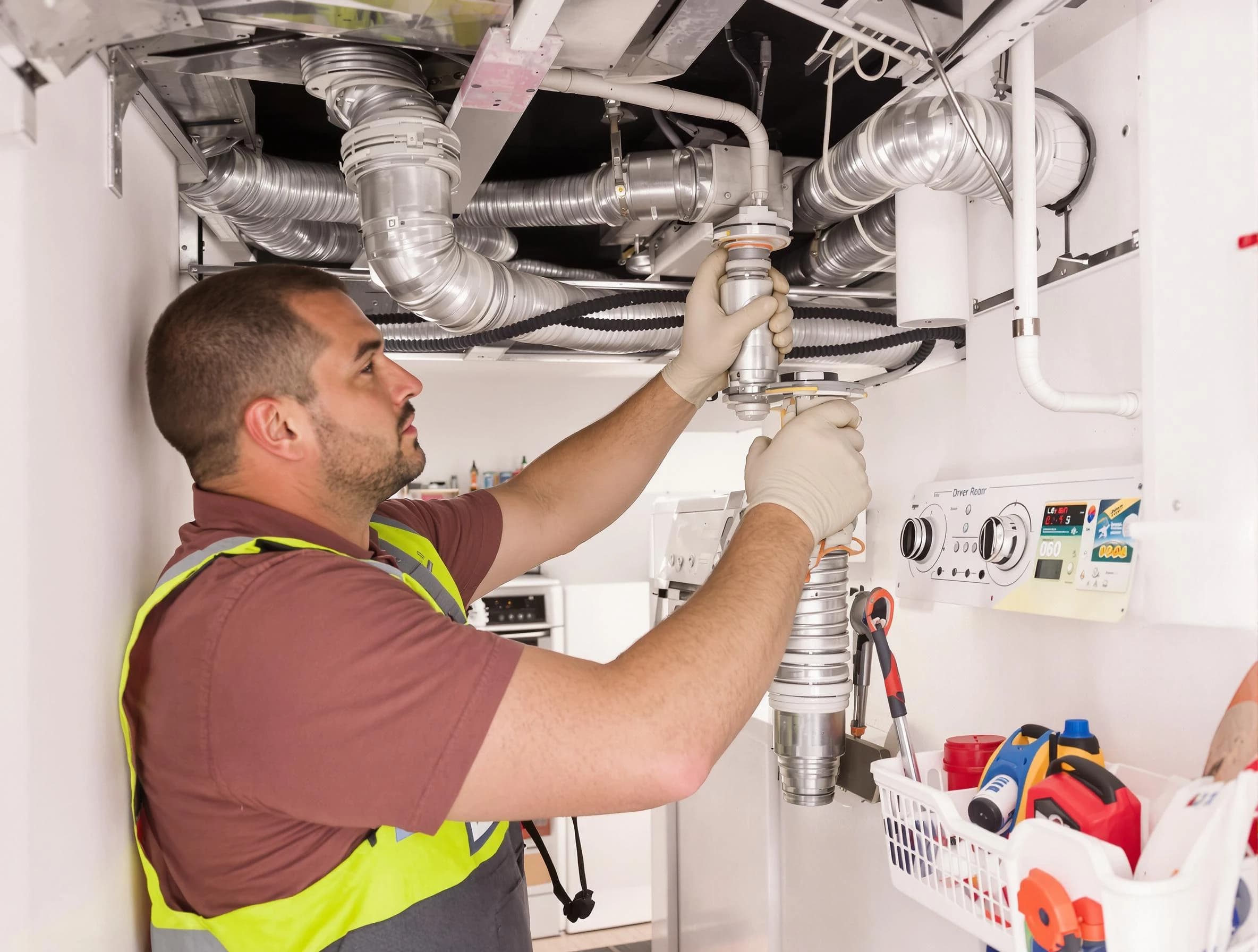 Irvine Dryer Vent Cleaning expert performing both repair and installation work on a dryer vent system in Irvine