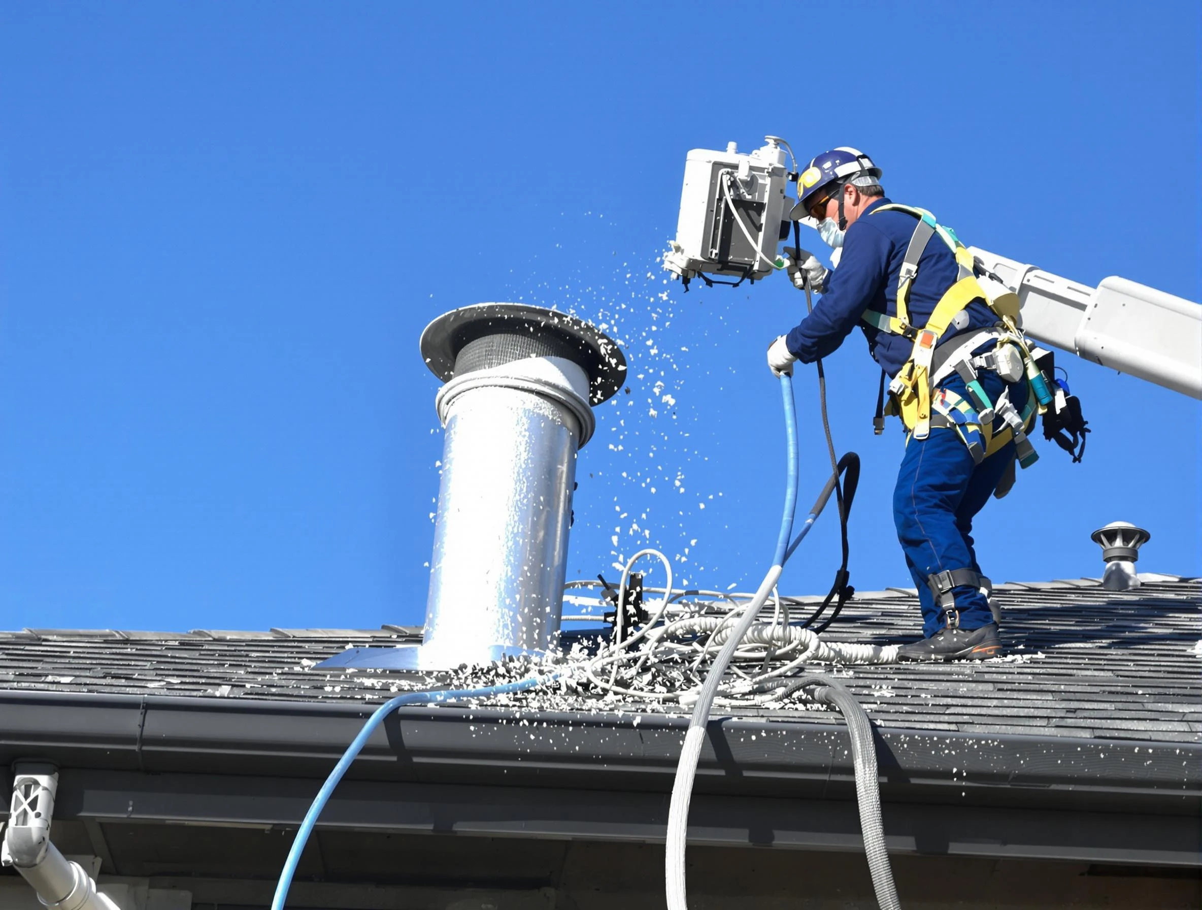 Irvine Dryer Vent Cleaning certified technician safely cleaning a roof-mounted dryer vent in Irvine