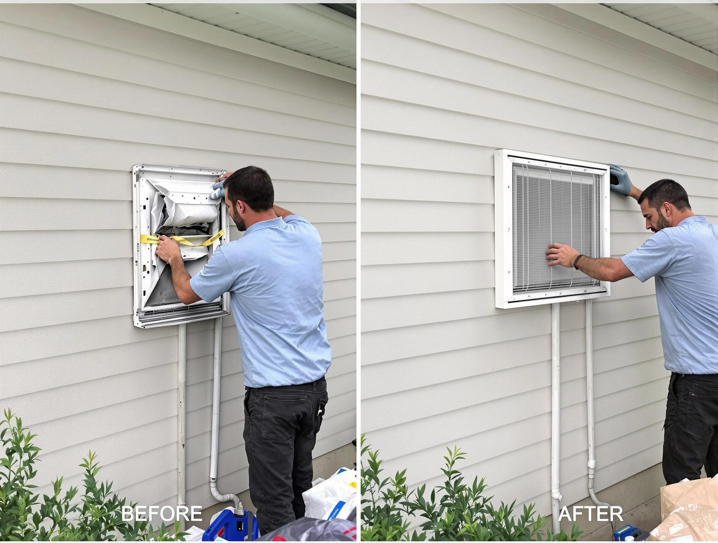 Irvine Dryer Vent Cleaning technician installing high-quality dryer vent cover at a residential property in Irvine